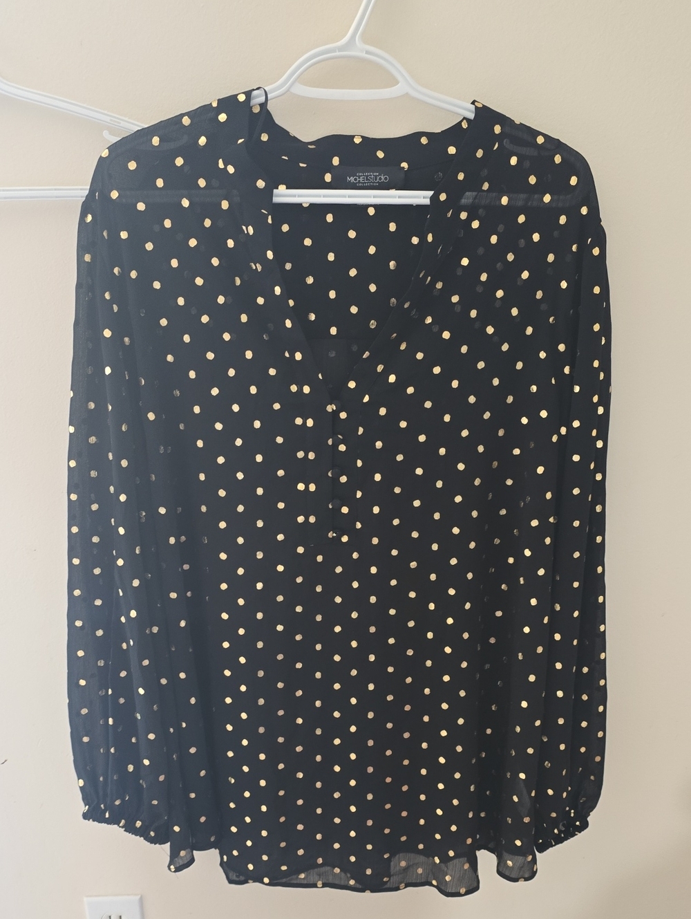 Michel Studio Black Blouse with Gold Polka Dots